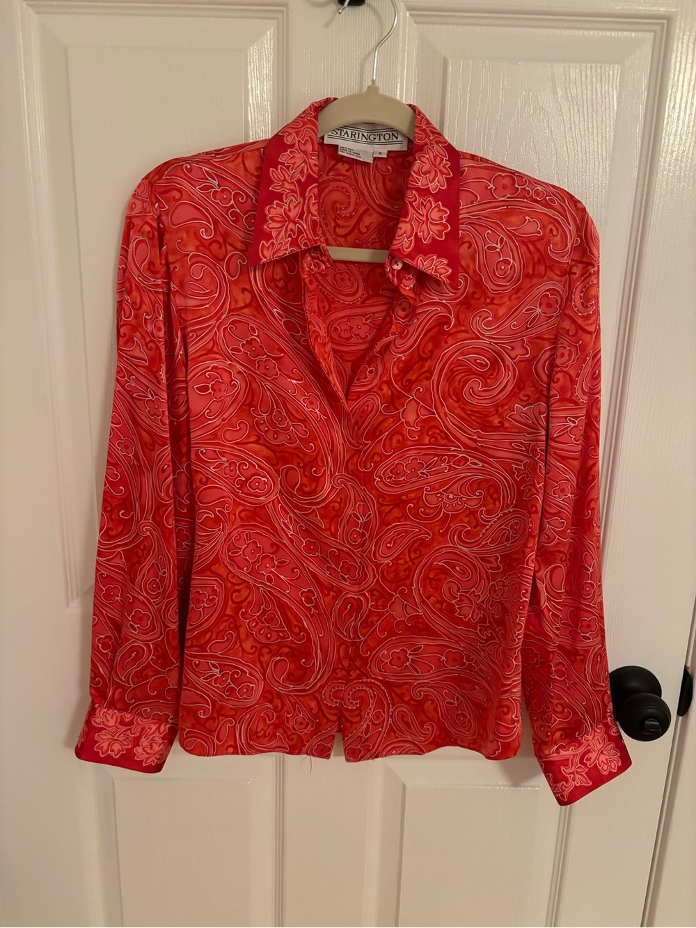 Starington 100% Silk Red Paisley Button-Up Blouse